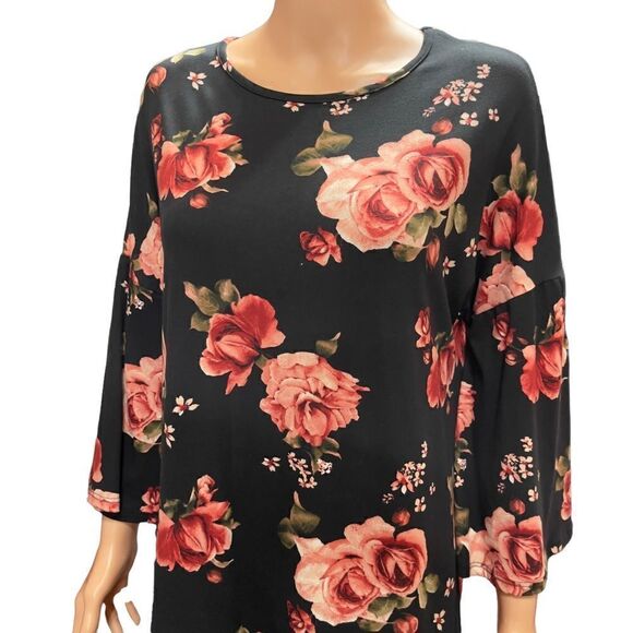 Emberly Black Floral Bell Sleeve Shift Dress Size M - Picture 4 of 12